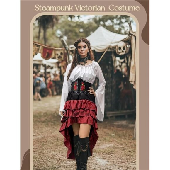 Pirate Costume Women Outfit with Renaissance Pirate Shirt Skirt Corset - Picture 5 of 7